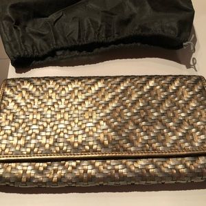 NWT Gorgeous Cole Hann gold and silver woven leather clutch